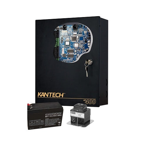 Kantech security system components including a black box with electronic components, battery, and power supply on a white background.