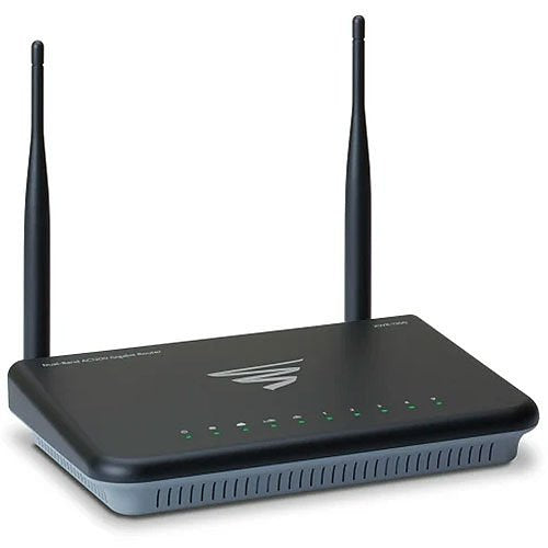 Black router with antennas on a white background