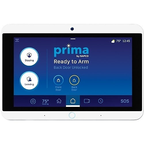Smart home control panel with Prima by NAPCO app interface on a white background