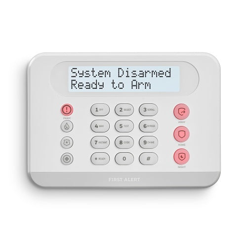 Alarm system keypad with 'System Disarmed Ready to Arm' display on a white background