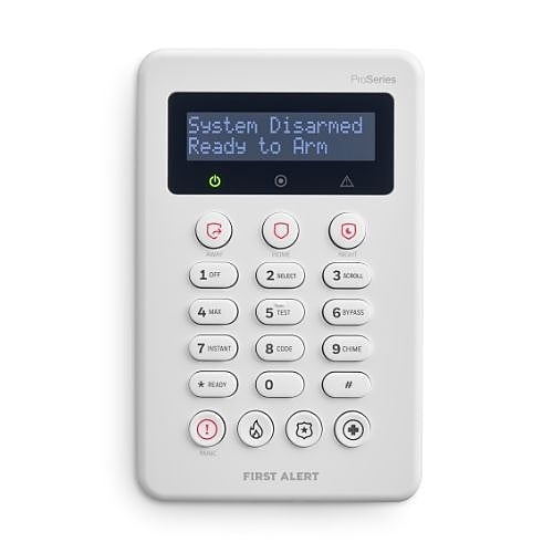 White security keypad with digital display on a white background