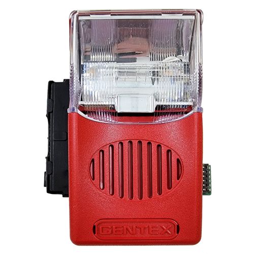Red electronic device with a clear lens on a white background
