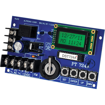 Electronic circuit board with digital display and buttons on a white background