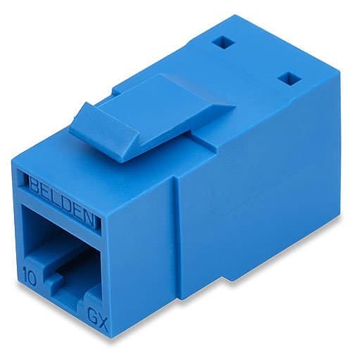 Blue Ethernet connector with Belden branding on a white background