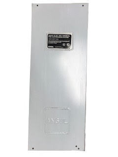 Metallic electrical panel with branding on a white background