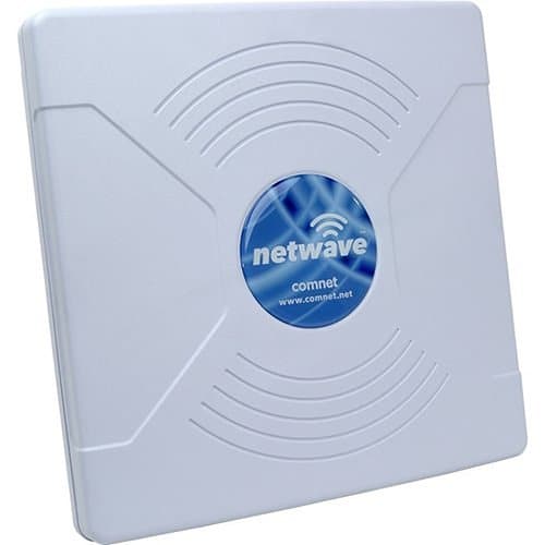 White electronic device with a blue 'netwave' logo on a white background