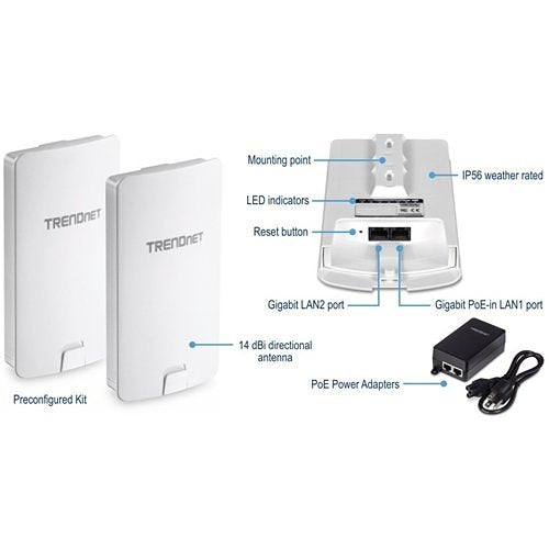 TRENDnet 14 DBI WiFi AC867 Outdoor Poe Preconfigured Point-to-Point Bridge Kit