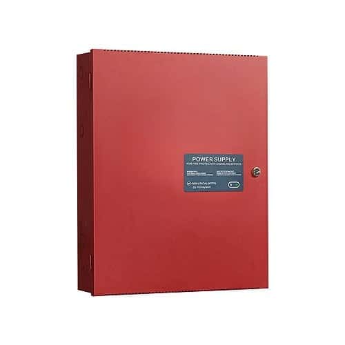 Red power supply cabinet with a label on a white background