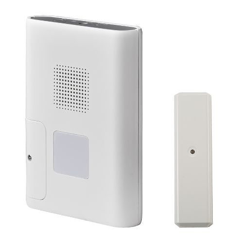 White electronic device with a speaker grille and button on a white background