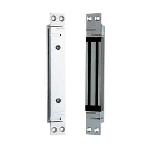 An electromagnetic shear lock component, specifically designed to be mortised (recessed) into a door frame