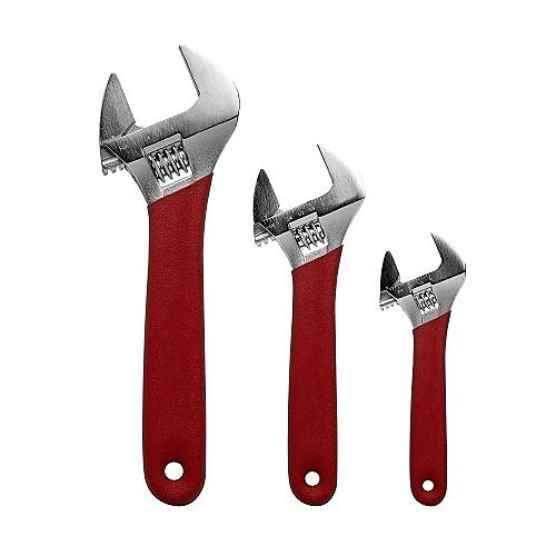 Three adjustable wrenches with red handles on a white background