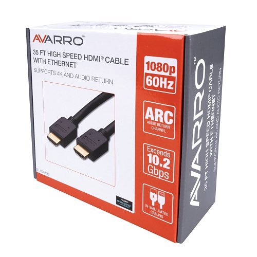 Avarro HDMI cable packaging with specifications on a white background
