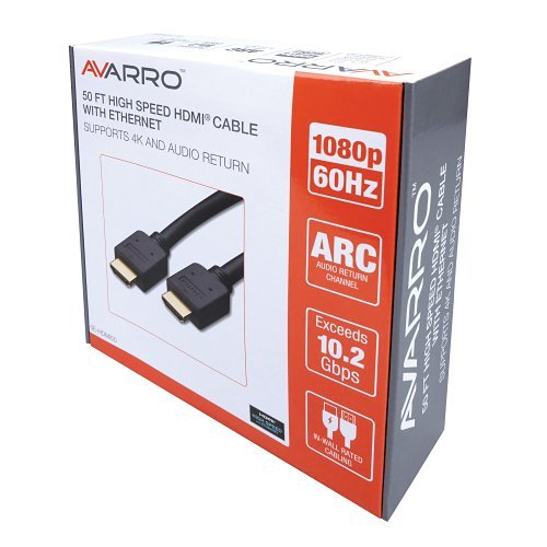 Avarro HDMI cable packaging with specifications on a white background