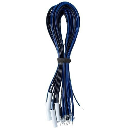 Bunch of blue and black wires with white connectors on a white background