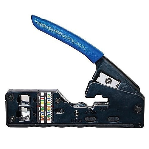 Cable crimping tool with blue handle on a white background