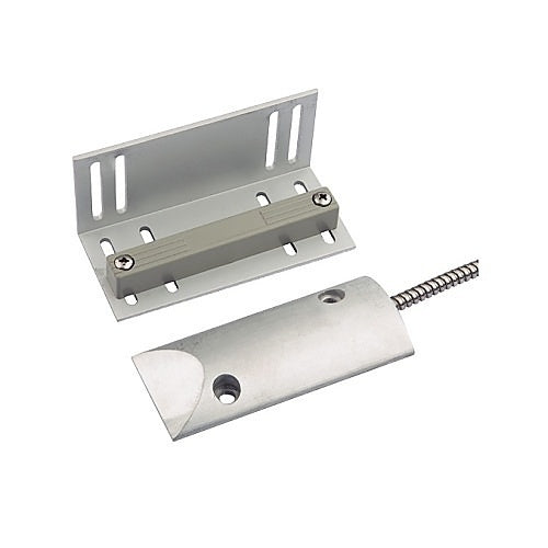 Metal door strike and lever handle on a white background