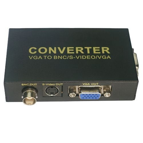 Converter device with VGA, BNC/S-Video, and S-Video outputs on a white background