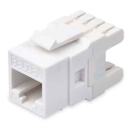 White Ethernet cable connector on a white background