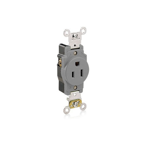 Leviton 5261-GY Single Receptacle Outlet, Industrial Grade, Smooth Face, 15A, 125V, NEMA 5-15R, 2-Pole, 3-Wire, Gray