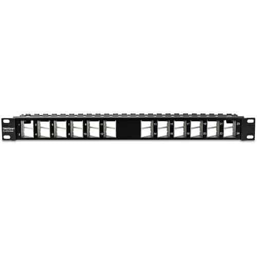 Patch panel with multiple ports on a white background