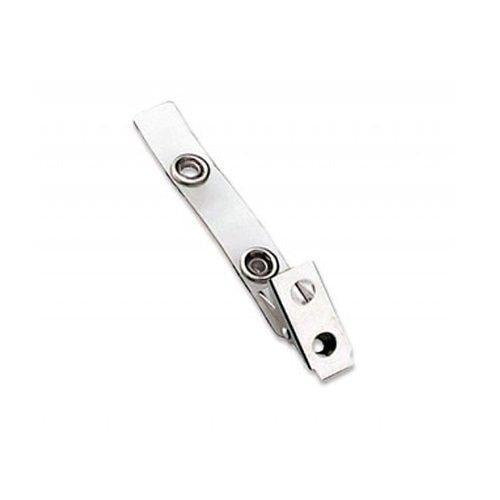 Clear vinyl badge strap with a metal clip on a white background