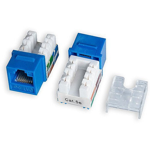 Two blue Ethernet connectors with clear plastic covers on a white background