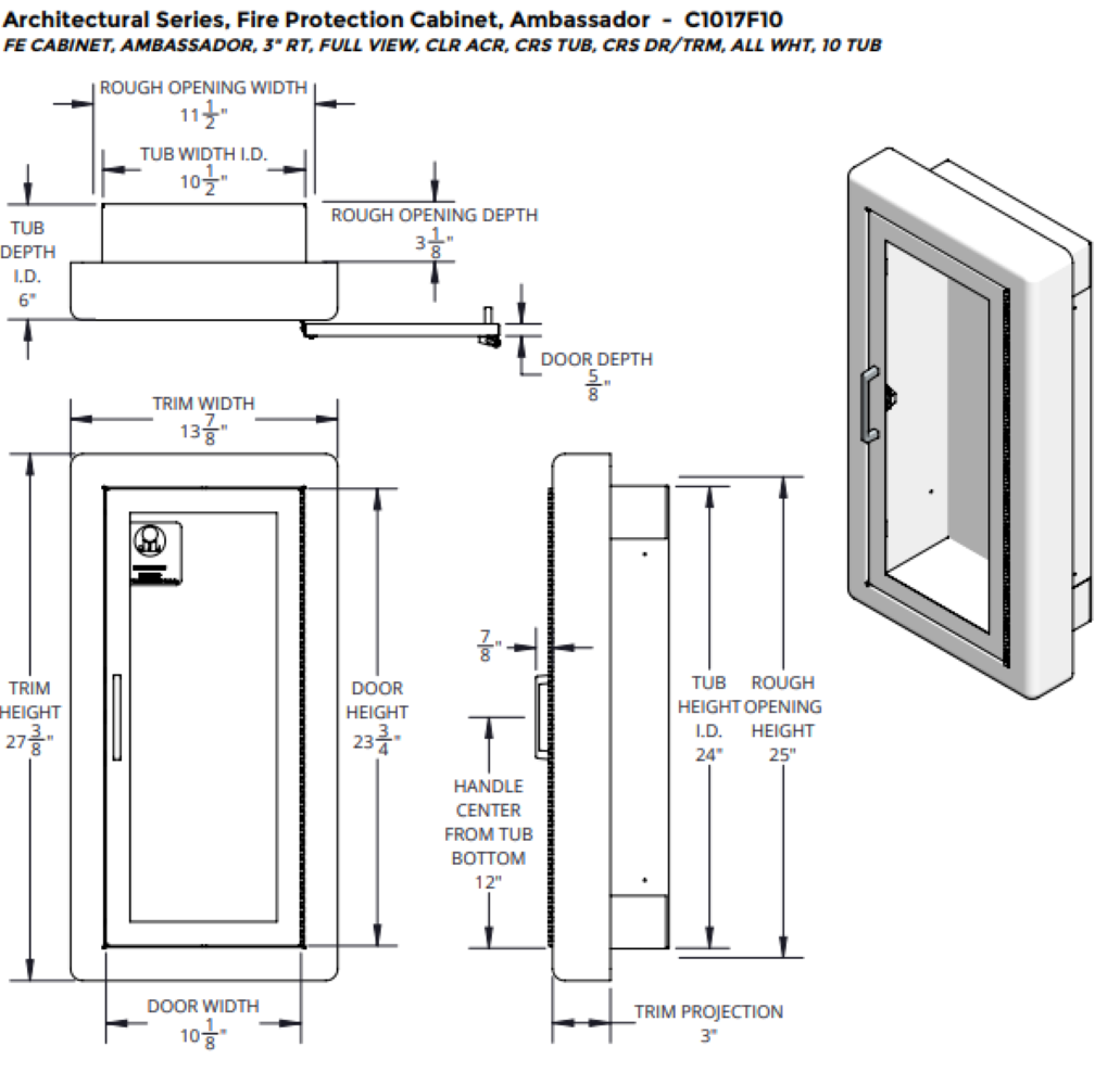 JL Industries 1017F10 Ambassador Fire Extinguisher Cabinet-Full Glazing Door-Primed Steel-Semi Recessed-3in Round Edge