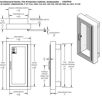 JL Industries 1017F10 Ambassador Fire Extinguisher Cabinet-Full Glazing Door-Primed Steel-Semi Recessed-3in Round Edge