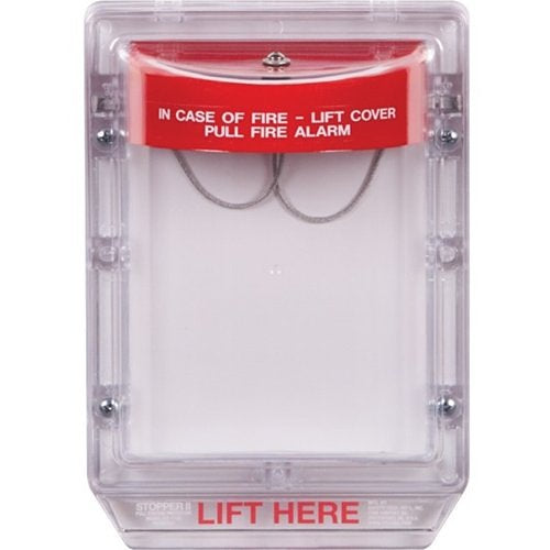 Fire alarm pull station cover with red label and clear cover on a white background