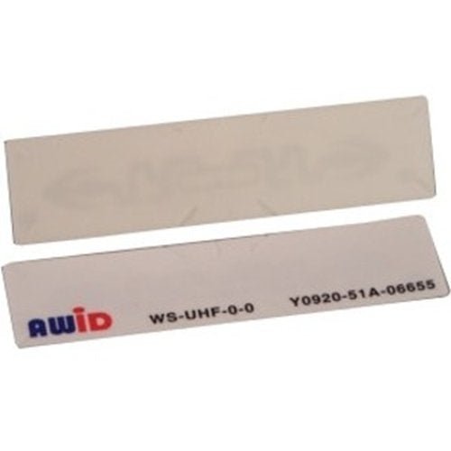 Two beige labels with text and AWID logo on a white background