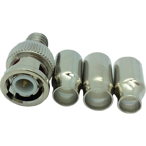 Metal RF connector with three additional connectors on a white background