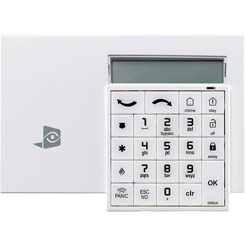 White electronic keypad with buttons and display on a white background