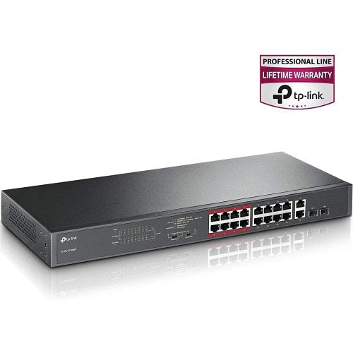 TP-Link network switch with 16 ports on a white background