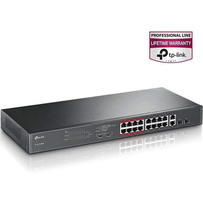 TP-Link network switch with 16 ports on a white background