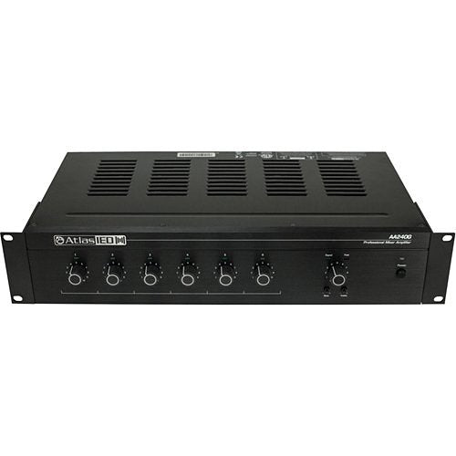An Atlas 160W AA00 professional power amplifier in black, featuring six front control knobs and a vented top panel, shown against a plain white background.