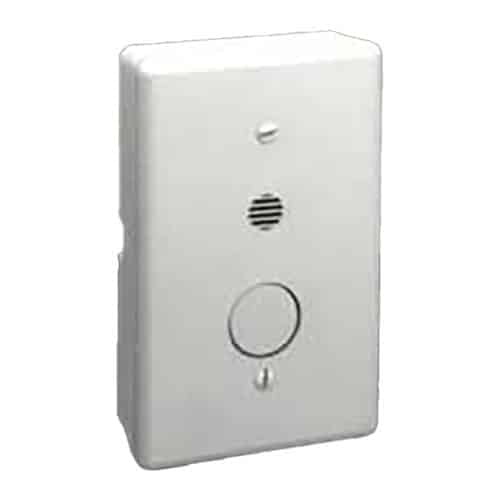 White wall-mounted electronic device with a speaker grille on a white background
