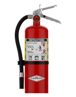 Red fire extinguisher with instructions on a white background
