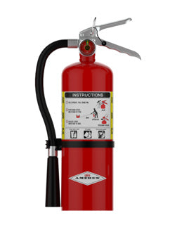 Red fire extinguisher with instructions on a white background