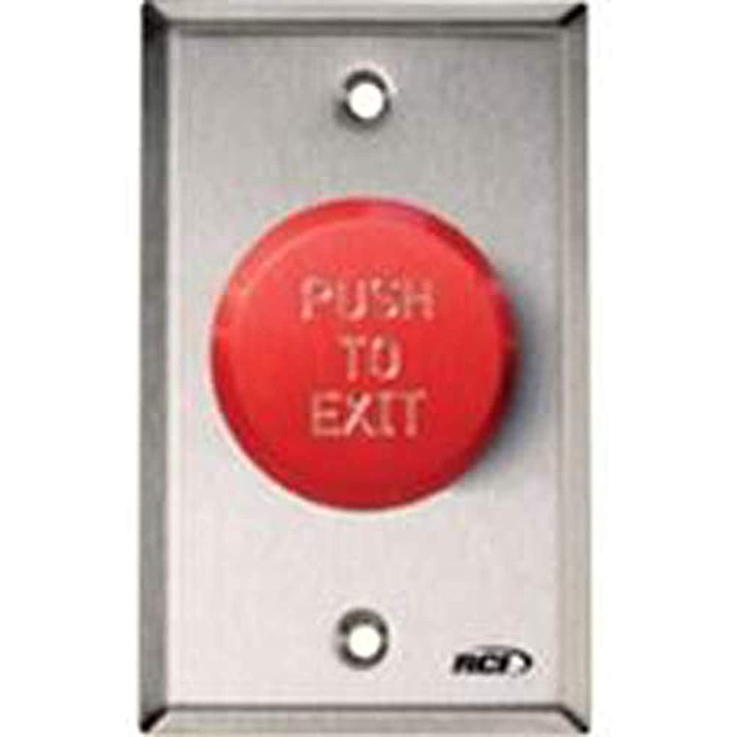 Red 'PUSH TO EXIT' button on a metallic plate with 'RCD' branding.
