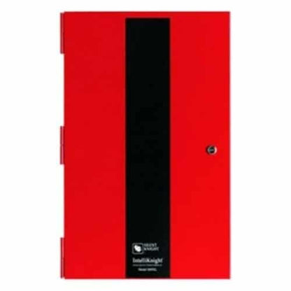 Red fire alarm panel on white background 
