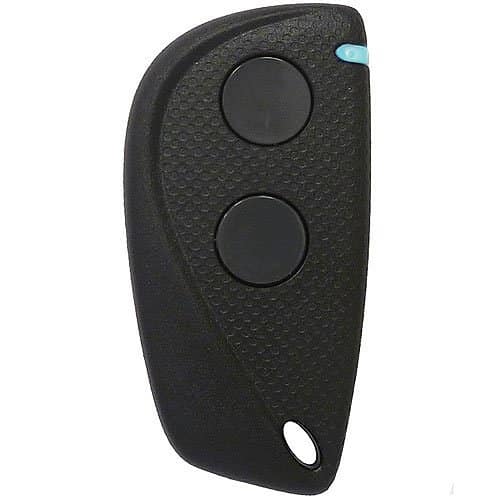 Black two-button remote control on a white background