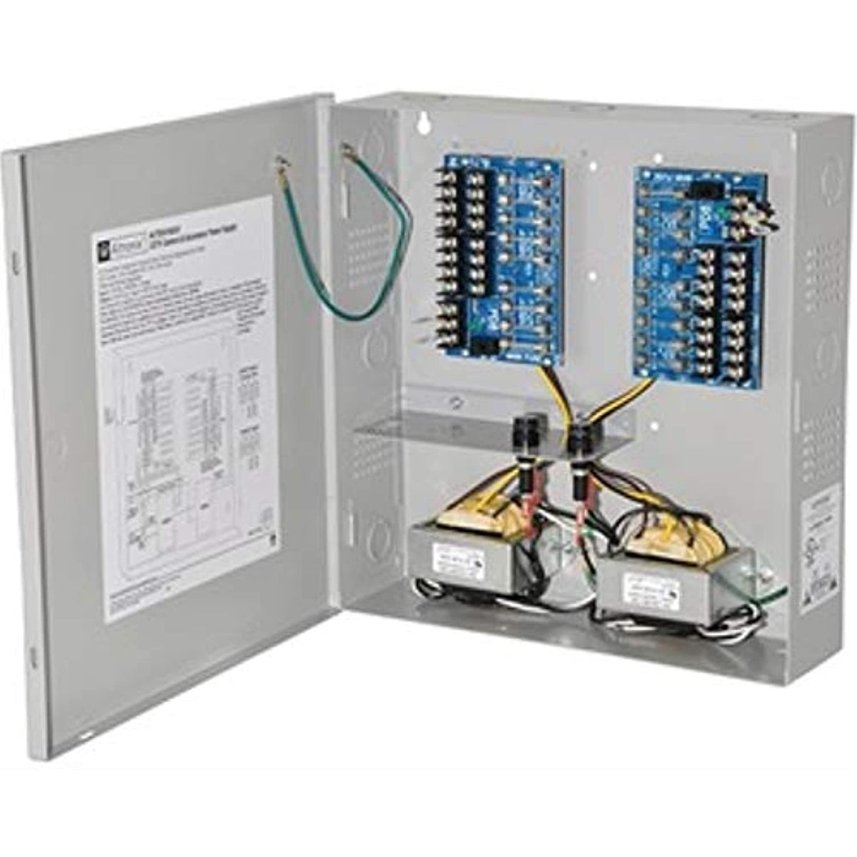 Electrical panel with wiring and components on a white background