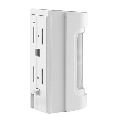 White, rectangular outdoor wireless motion detector viewed from a three-quarter side angle on a white background