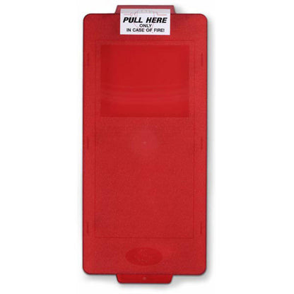 Red fire extinguisher cover with pull tab label on a white background