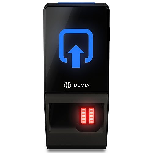 Fingerprint scanner with IDEMIA branding on a white background