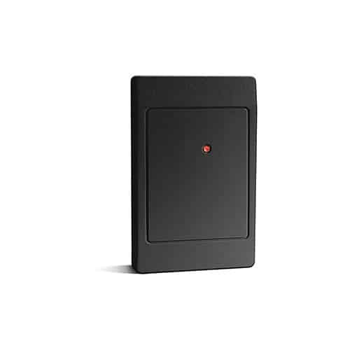 Black electronic device with a red light on a white background