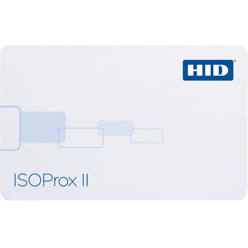 A white HID ISOProx II card with a blue logo and subtle light blue graphic accents, shown on a plain white background.