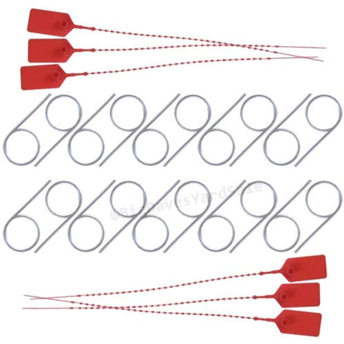series of pull pins and tamper seals on white background
