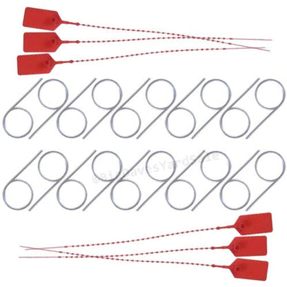 series of pull pins and tamper seals on white background