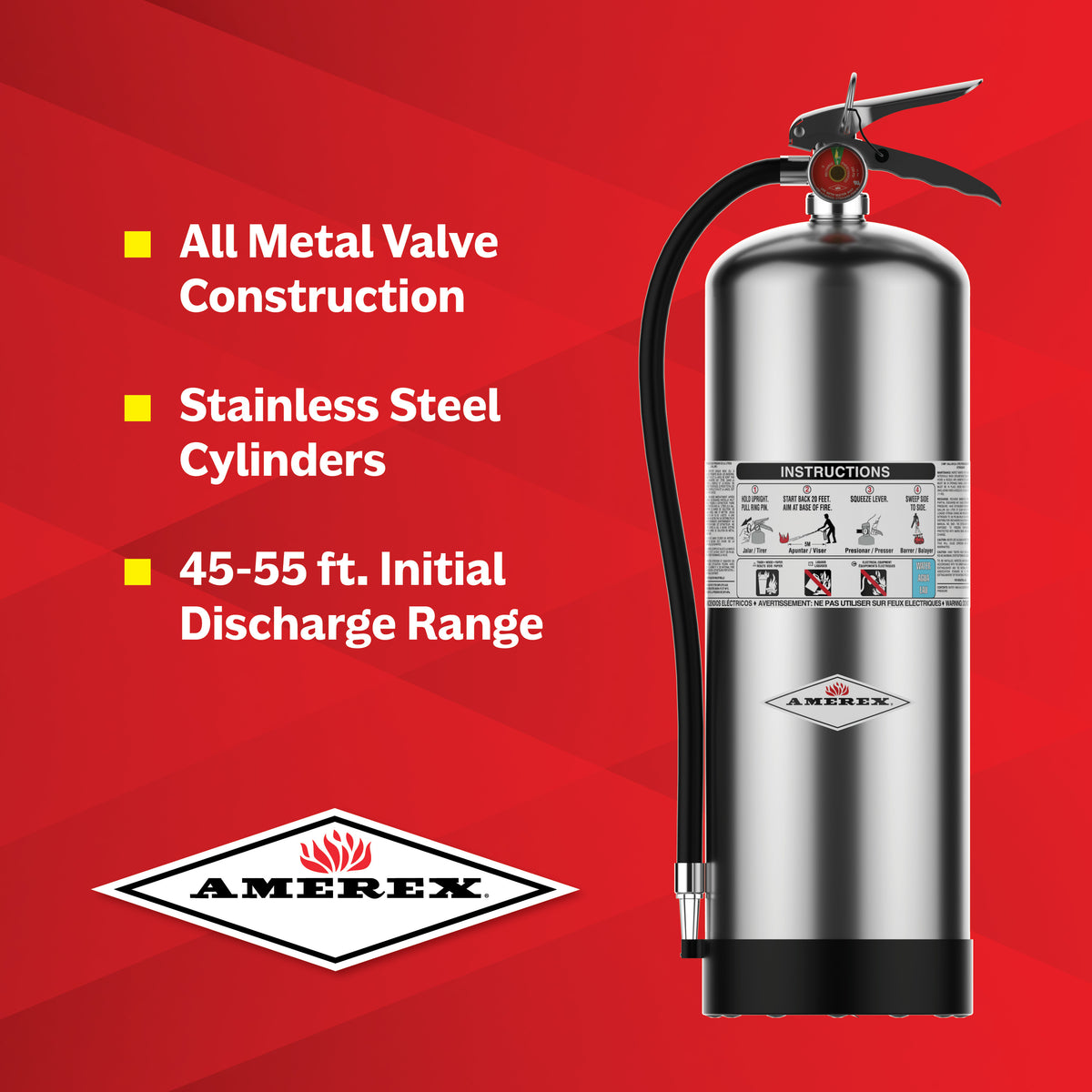 Silver fire extinguisher with Amerex branding on a red background